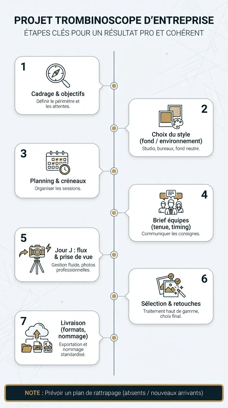Diagramme vertical des étapes clés d’un projet trombinoscope d’entreprise : cadrage, style, planning, brief, jour J, retouches, livraison